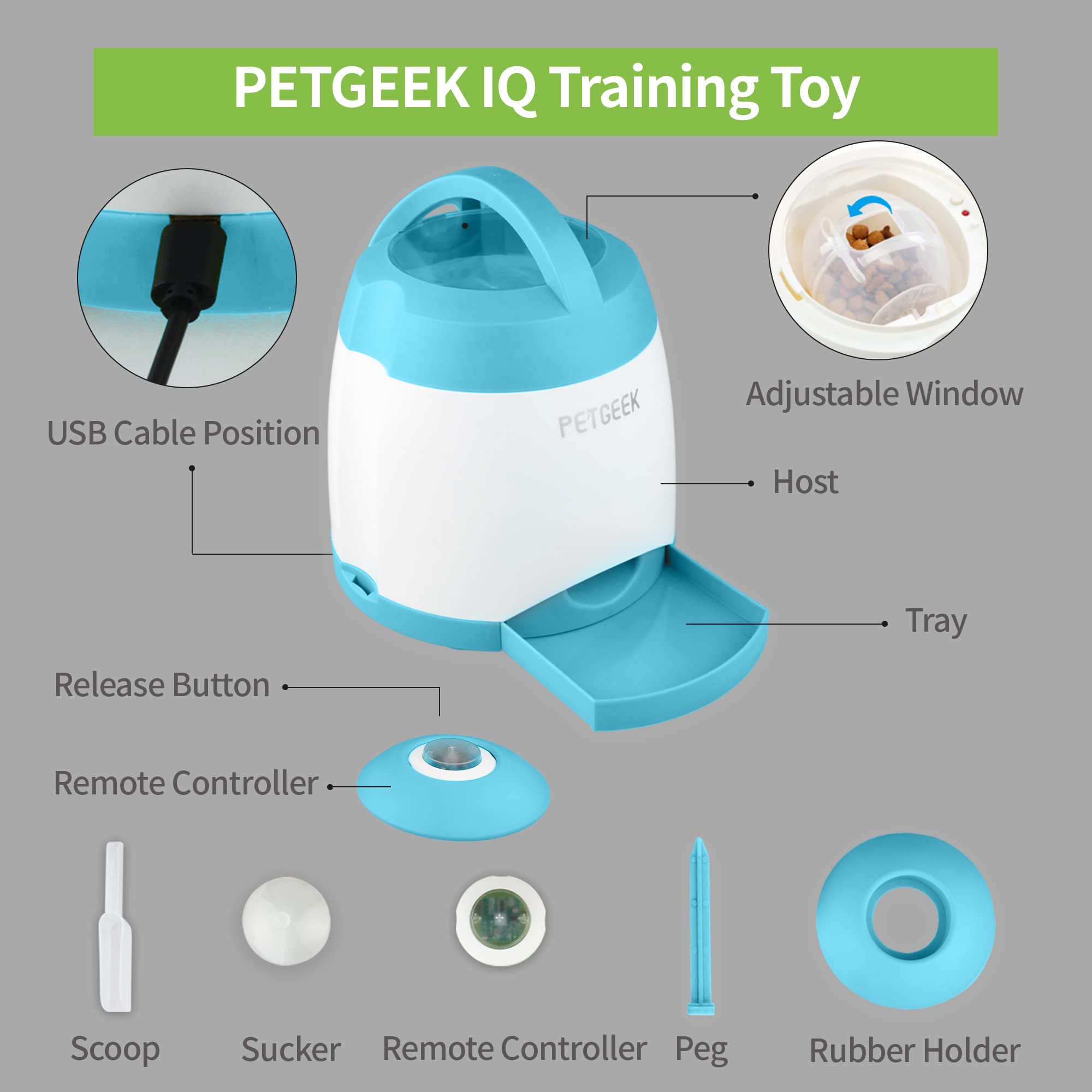 PETGEEK treat dispenser with two sound cues after task completion.