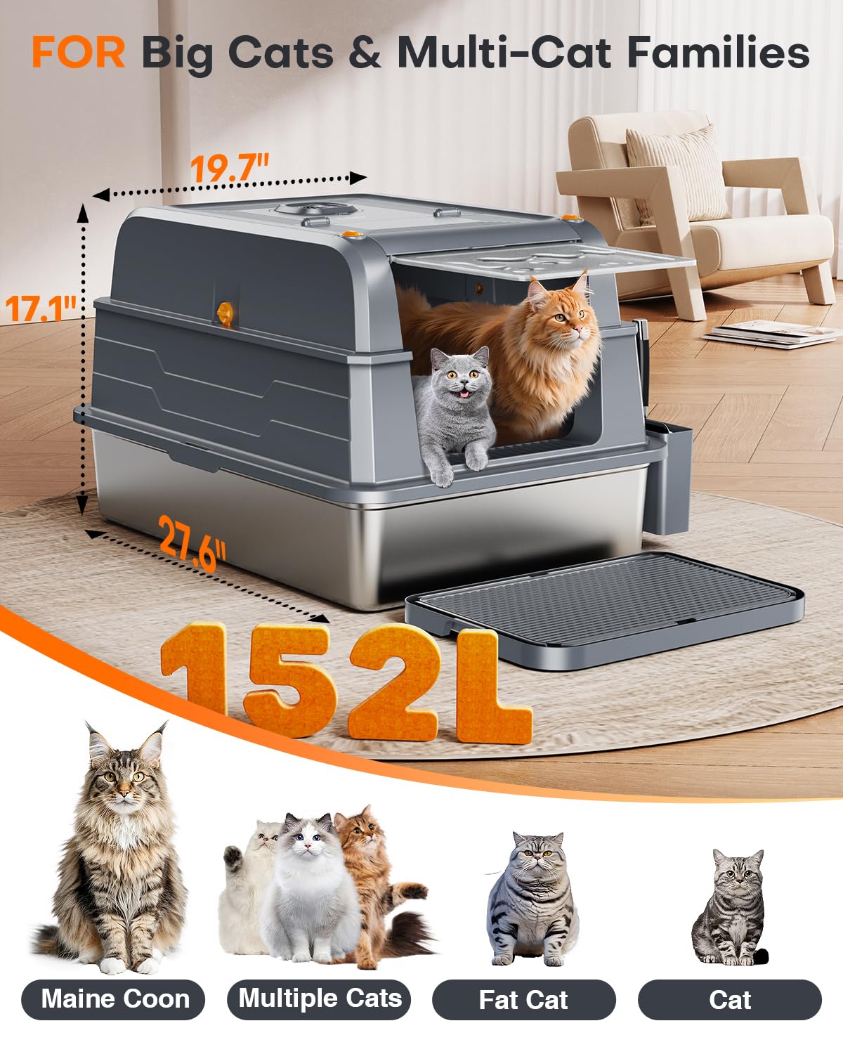 PetGenie 2025 XXXL flip lid top view for quick, low-effort litter changes.