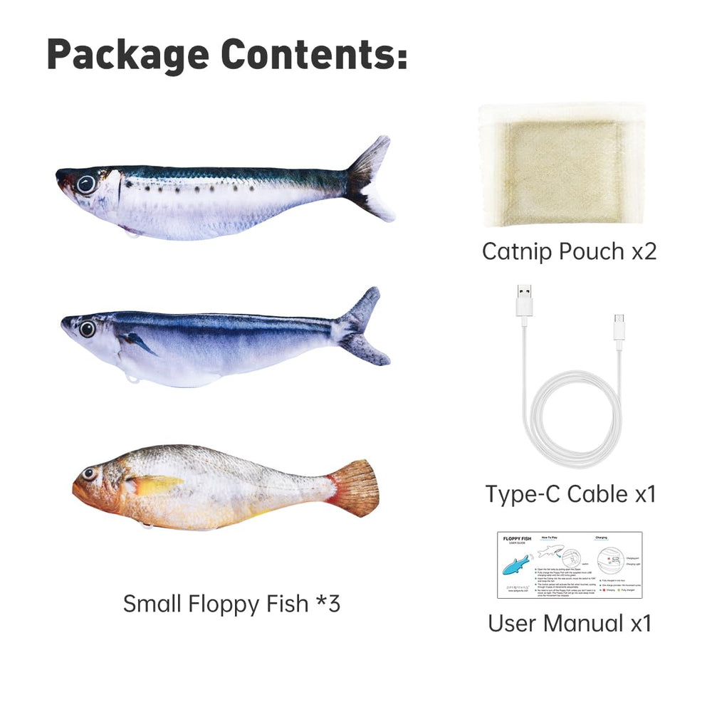 Petgravity Bite-Sized Flopping Fish Toy gift-ready packaging.