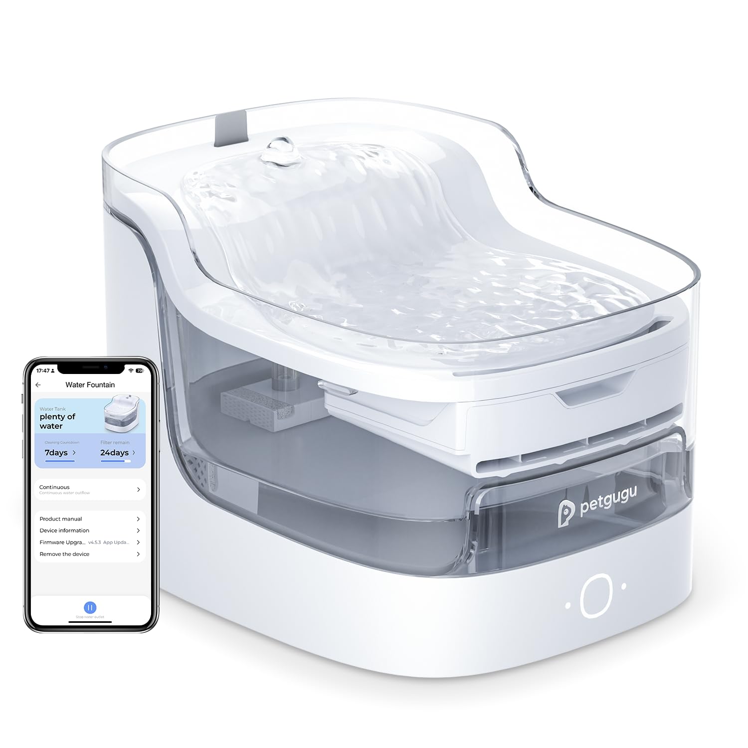 PETGUGU Cat Water Fountain front view highlights accessible 2L design for daily pet hydration.