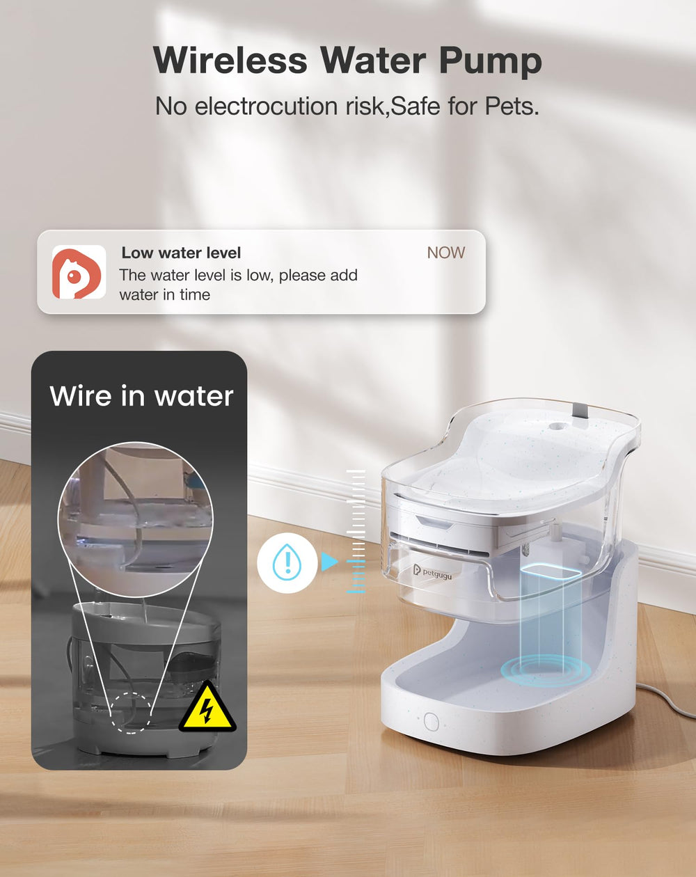 PETGUGU Cat Water Fountain wireless pump image demonstrates cordless operation for safety.