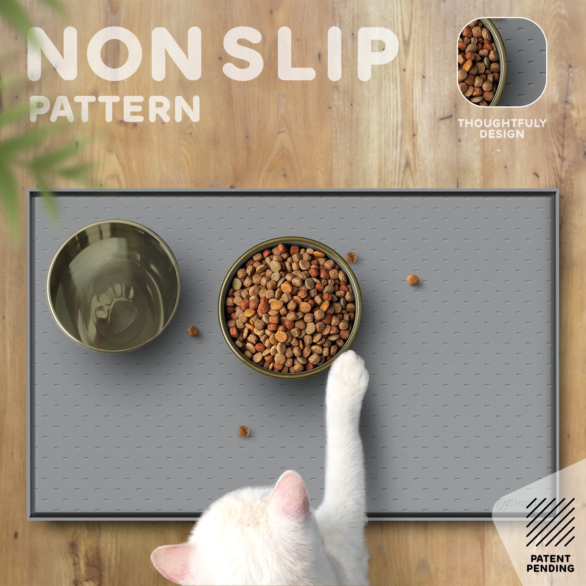 PETHAPPILY Cat and Dog Feeding Mat shown with different bowls for versatile use for any pet.