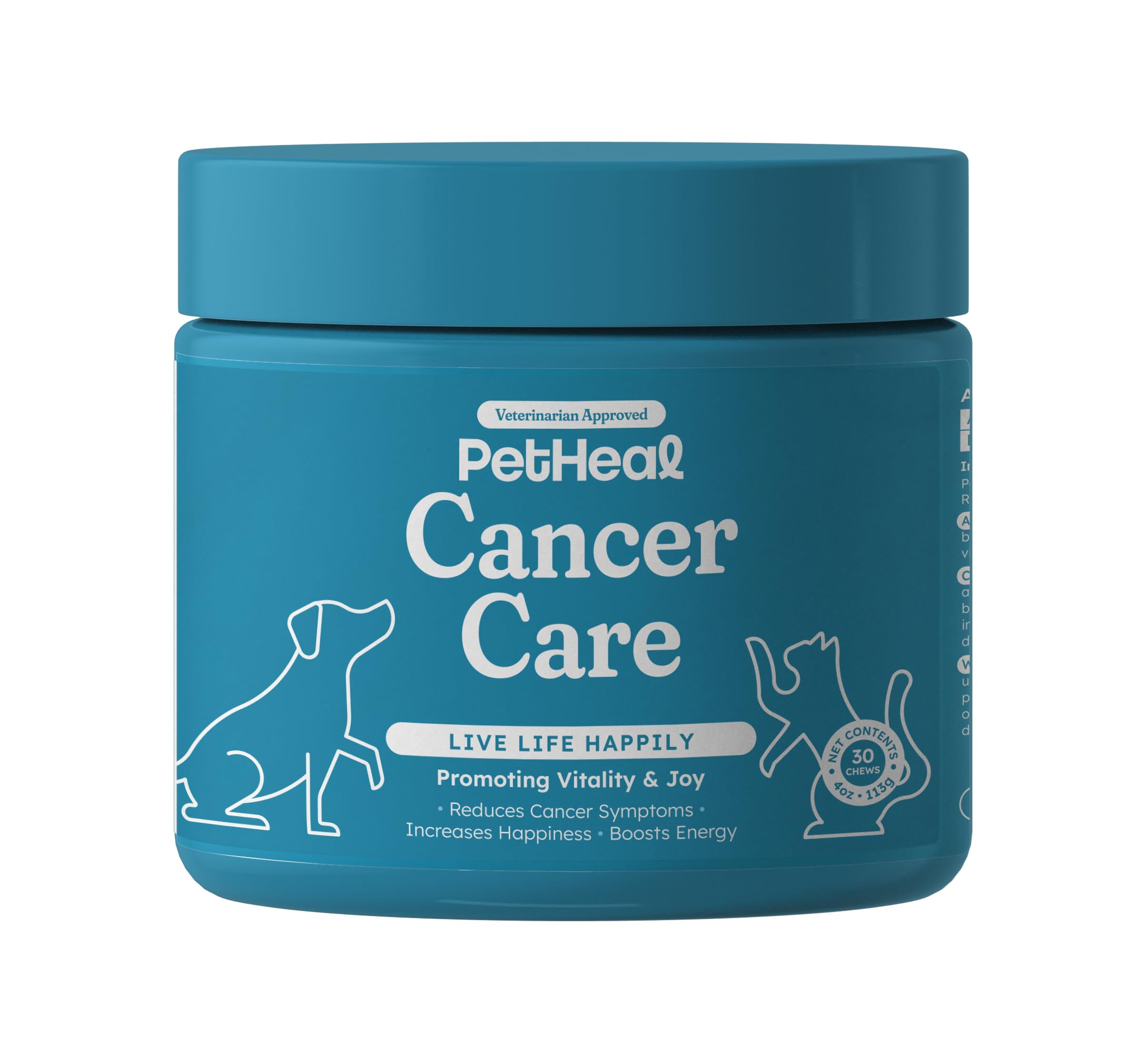 PetHeal Cancer Care Chews pork-flavor packaging highlights dog-friendly wellness formula.