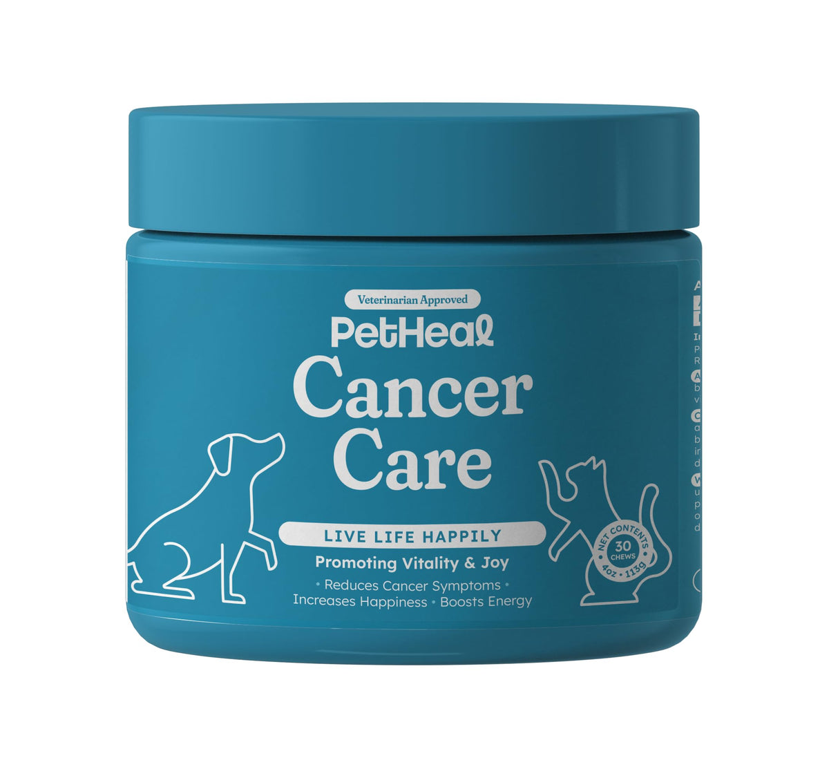 PetHeal Cancer Care Chews pork-flavor packaging highlights dog-friendly wellness formula.