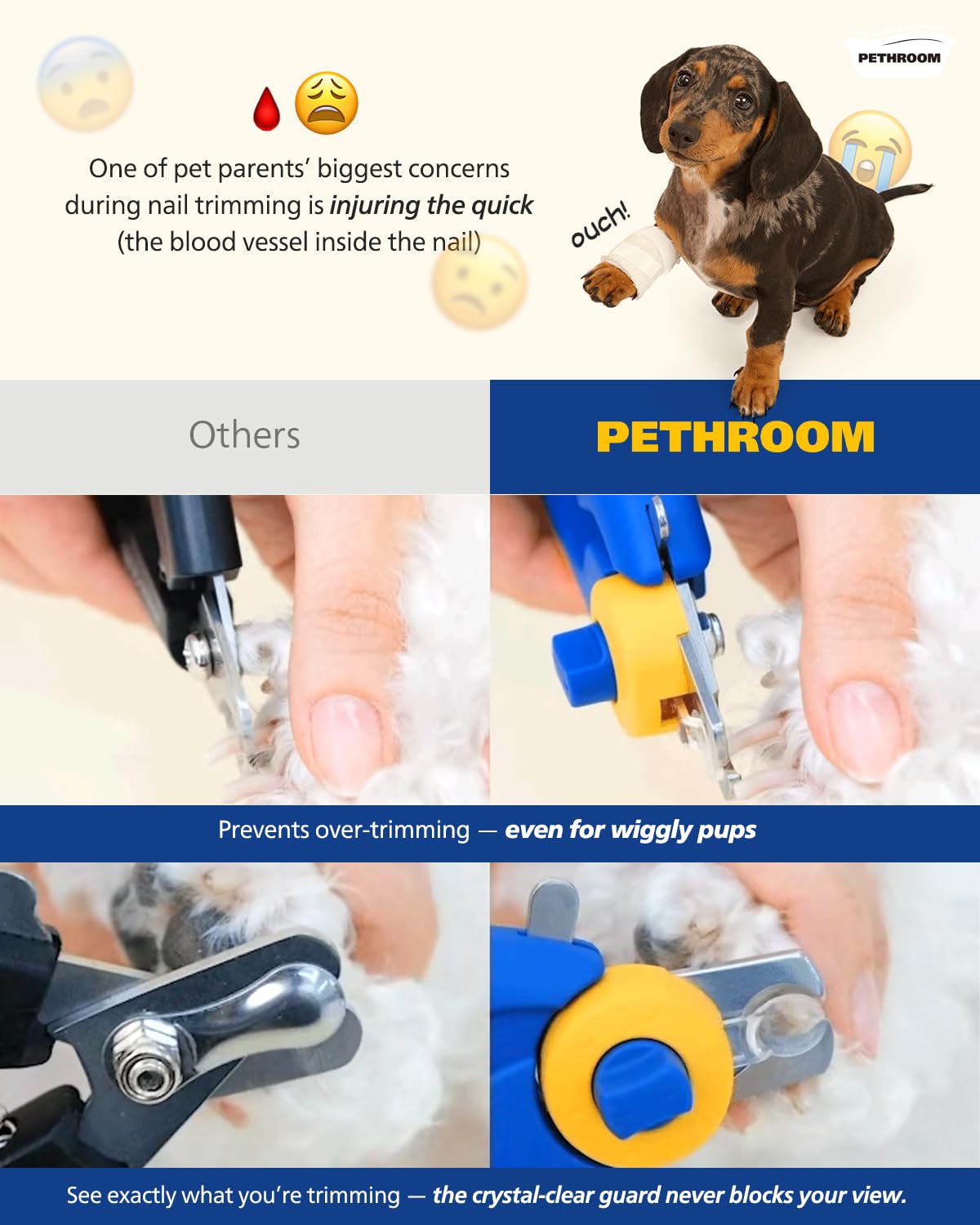 PETHROOM adjustable guide guarantees customizable trimming for all breeds and nail sizes.