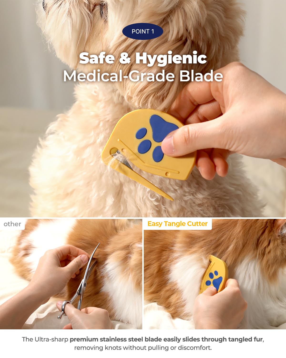 PETHROOM Easy Tangle Cutter safety blade image emphasizes pet-friendly design