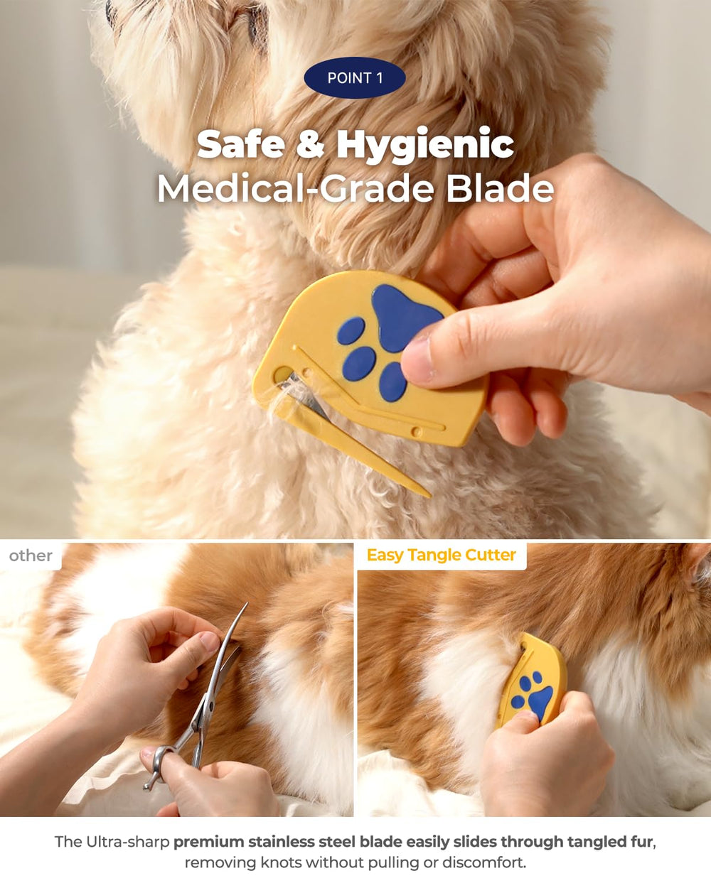 PETHROOM Easy Tangle Cutter safety blade image emphasizes pet-friendly design