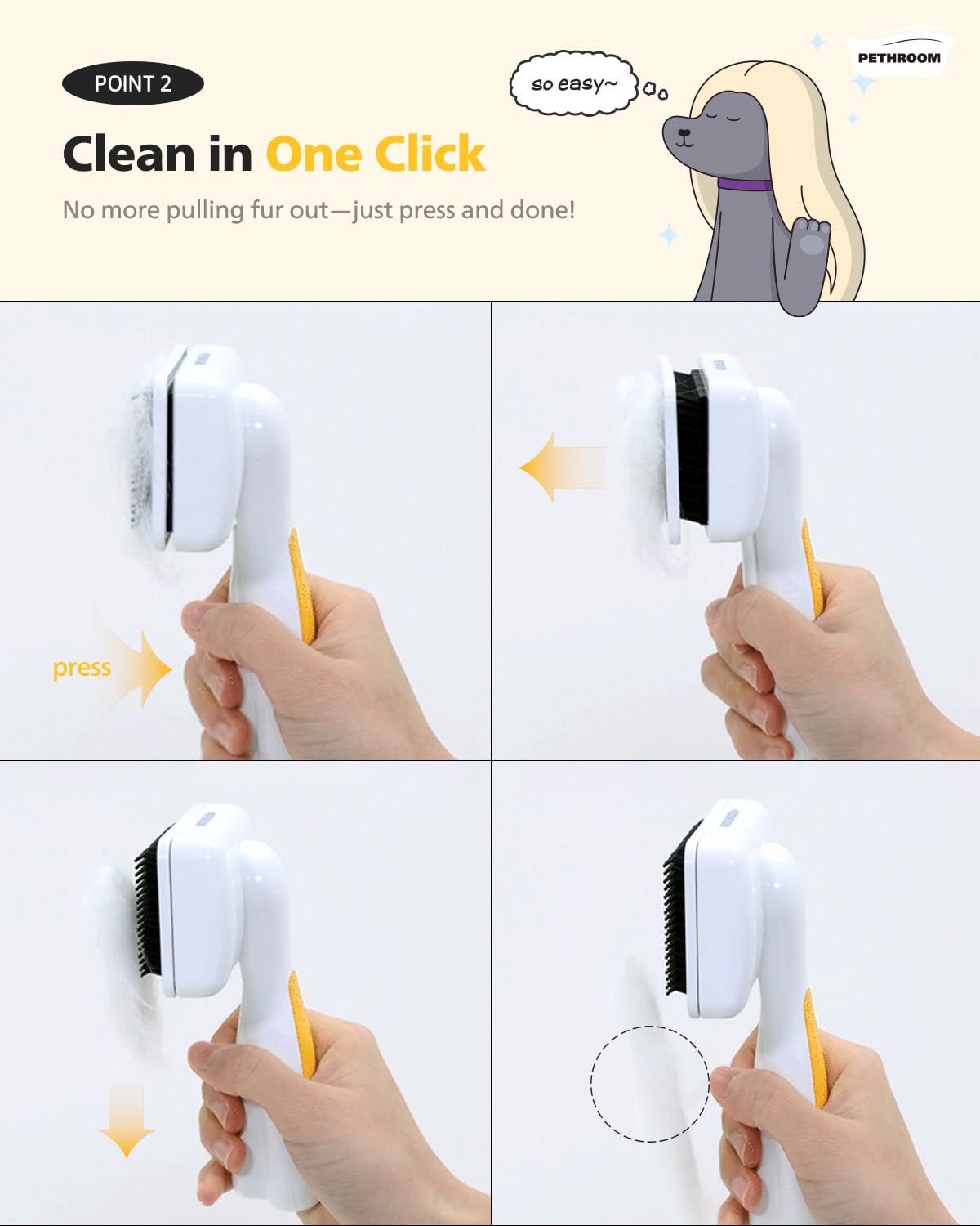 PETHROOM brush lightweight design supports comfortable handling during grooming