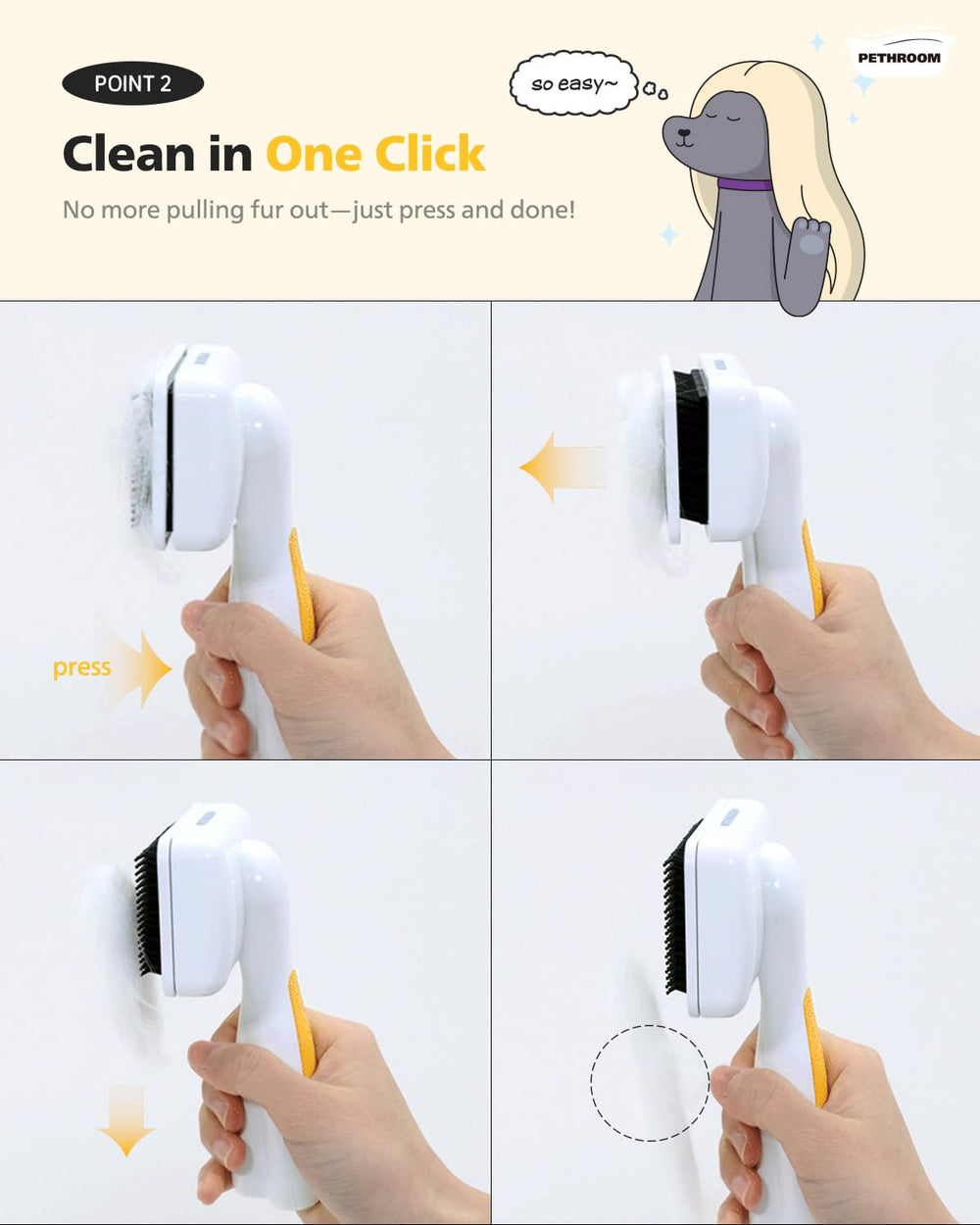PETHROOM brush lightweight design supports comfortable handling during grooming