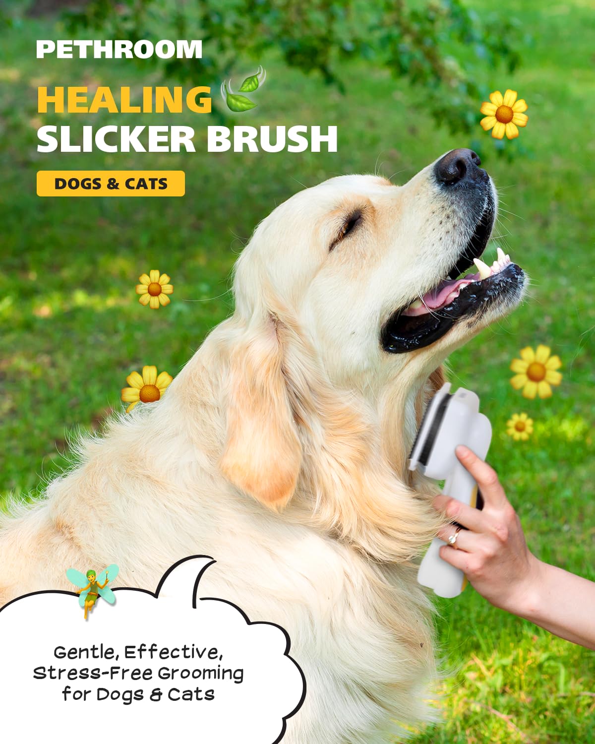 PETHROOM slicker brush handle with one-touch button for quick hair release