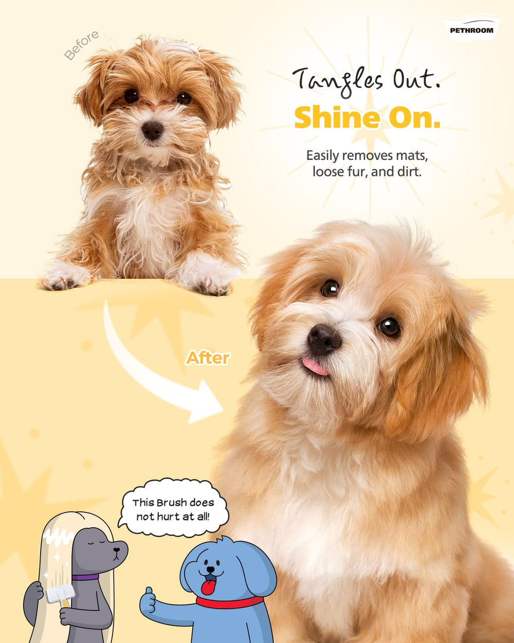 PETHROOM slicker-brush rounded-tip bristles remove loose fur without scratching