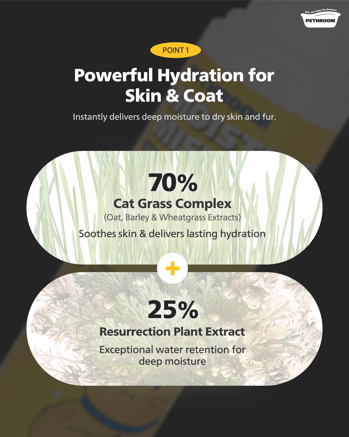 PETHROOM Unscented Cat Moisture Mist ingredients label highlights natural 95% plant extracts for skin nourishment