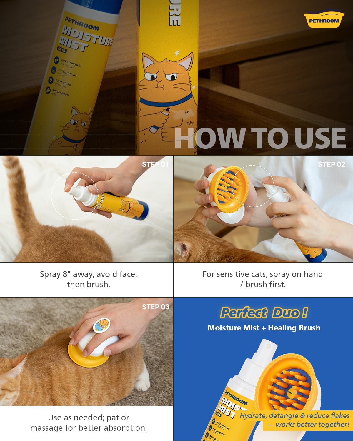 PETHROOM Unscented Cat Moisture Mist static control closeup showcases reduced static cling during grooming