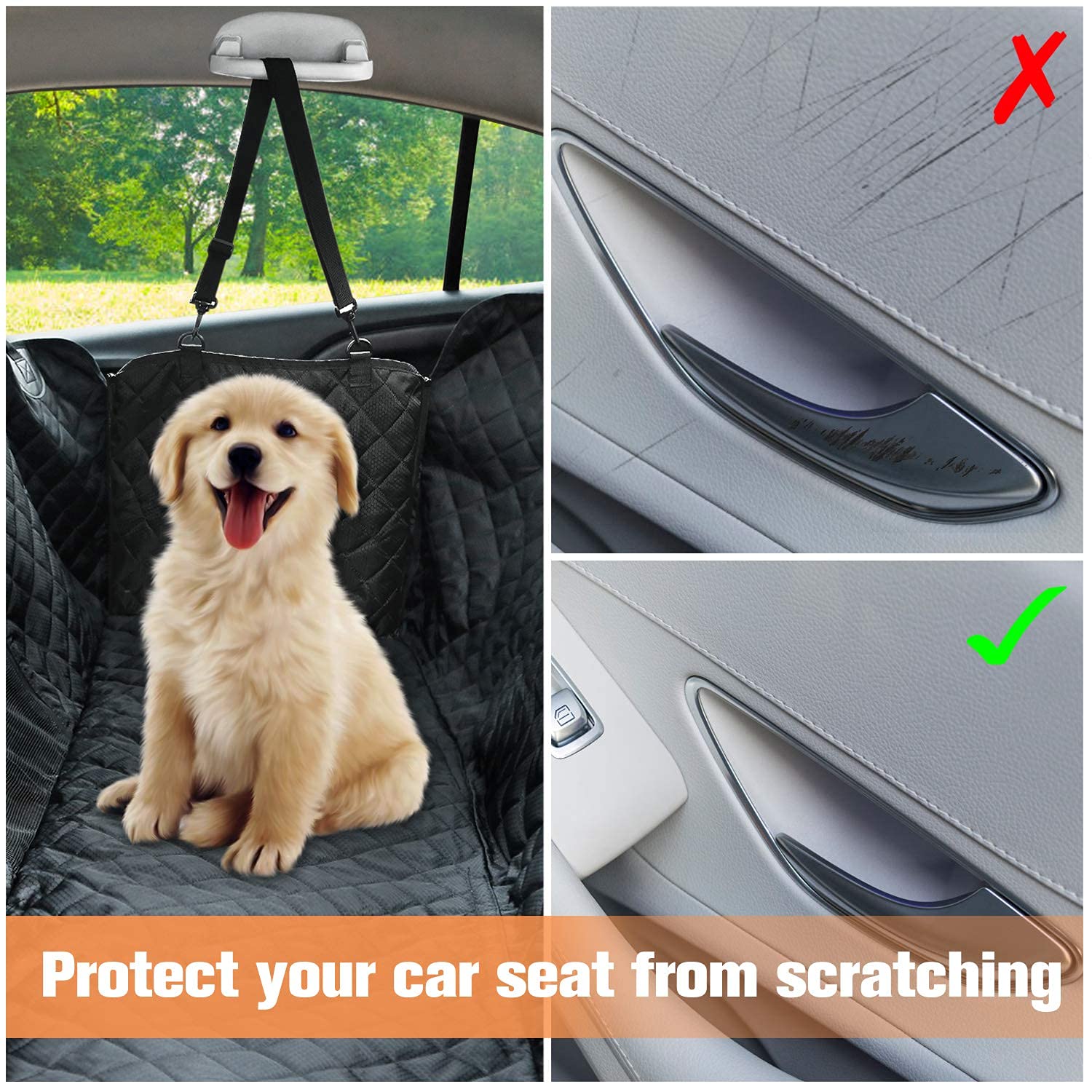 PETICON back-seat hammock measures 54W by 58L for versatile vehicle fit.