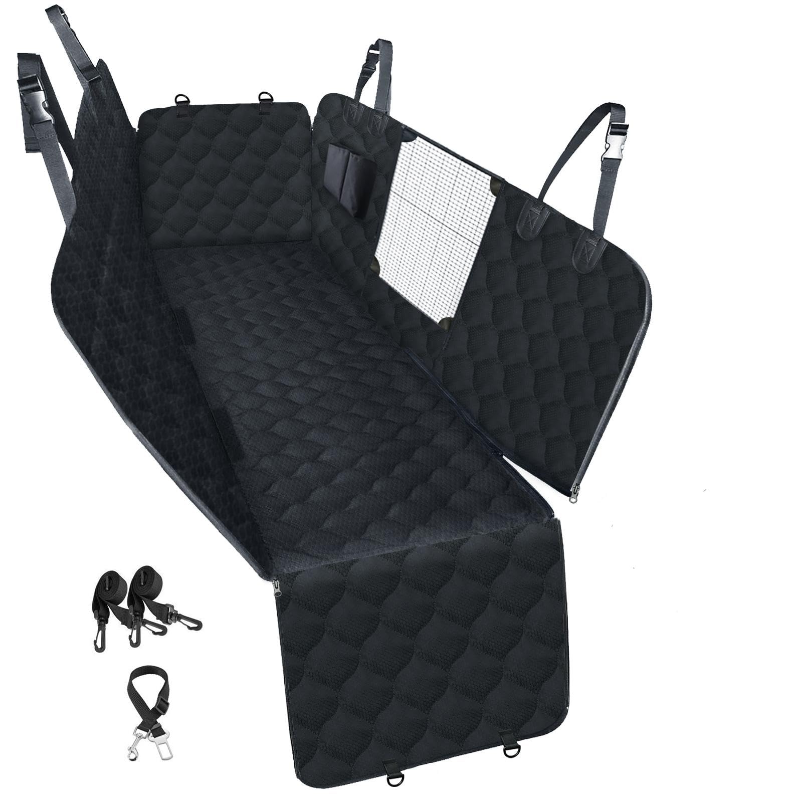 PETICON dog car seat cover with mesh window improves airflow for cooler travel.