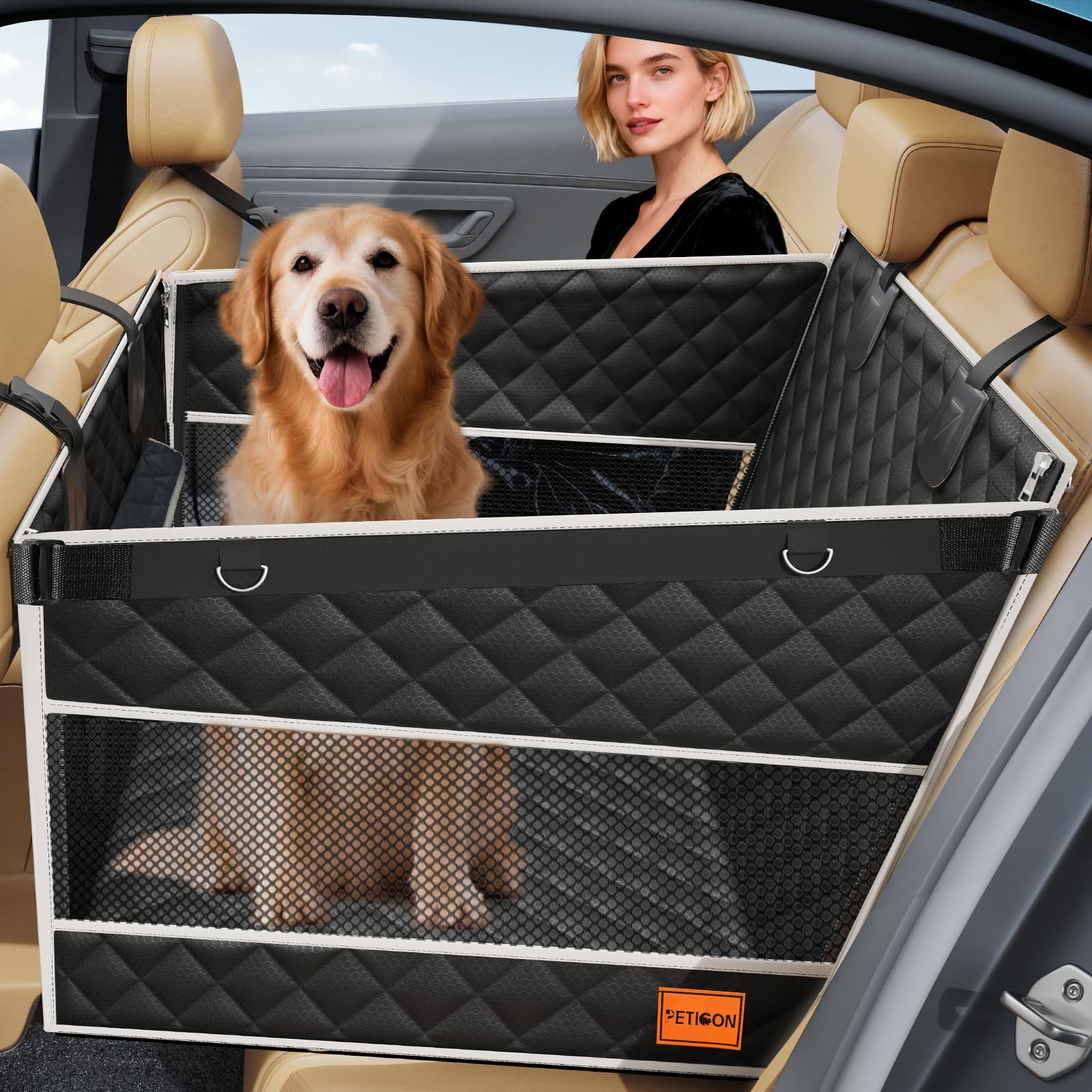 PETICON dog car seat with one-piece bottom showing stability and comfort for large dogs.
