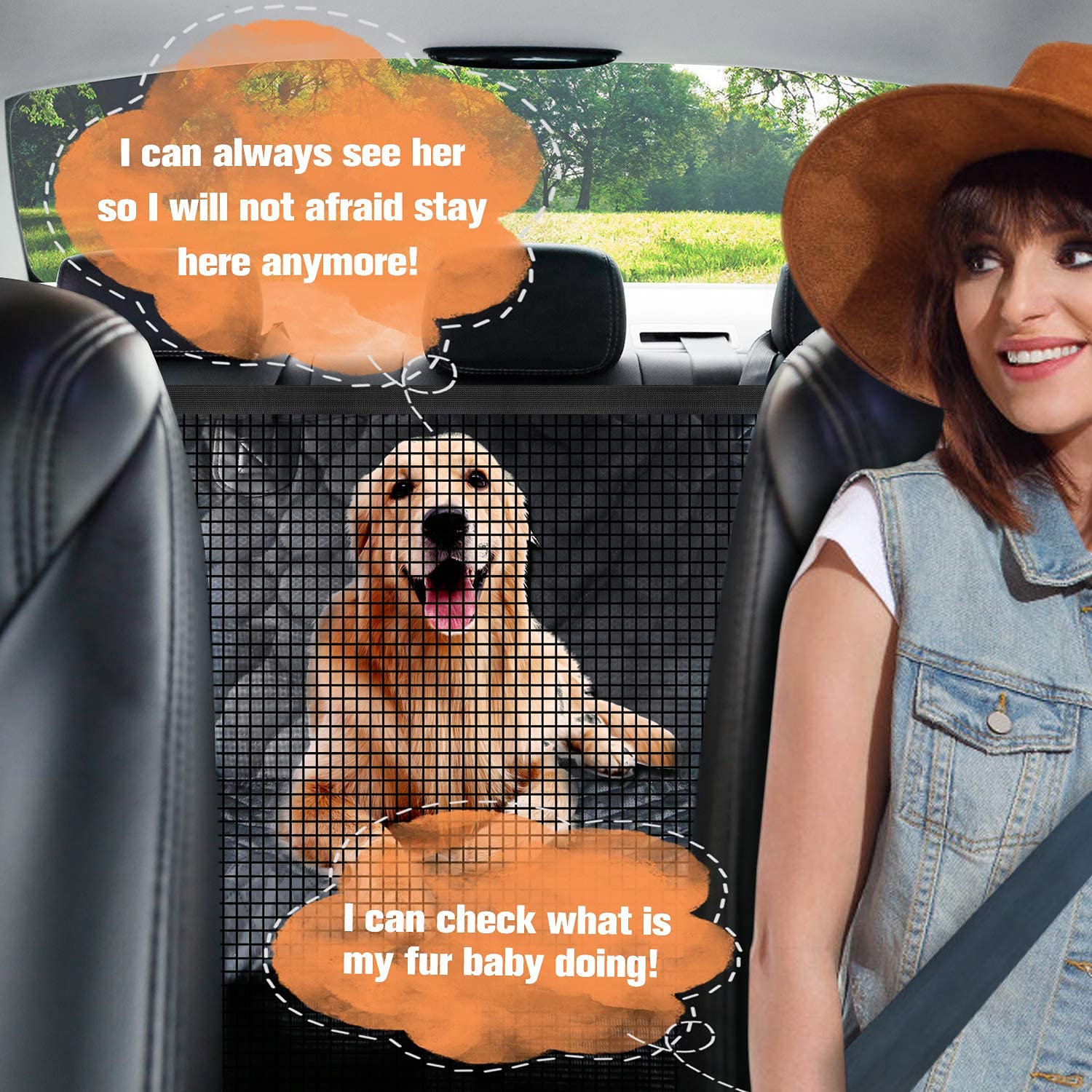 PETICON scratchproof material protects car seats from claws and wear.