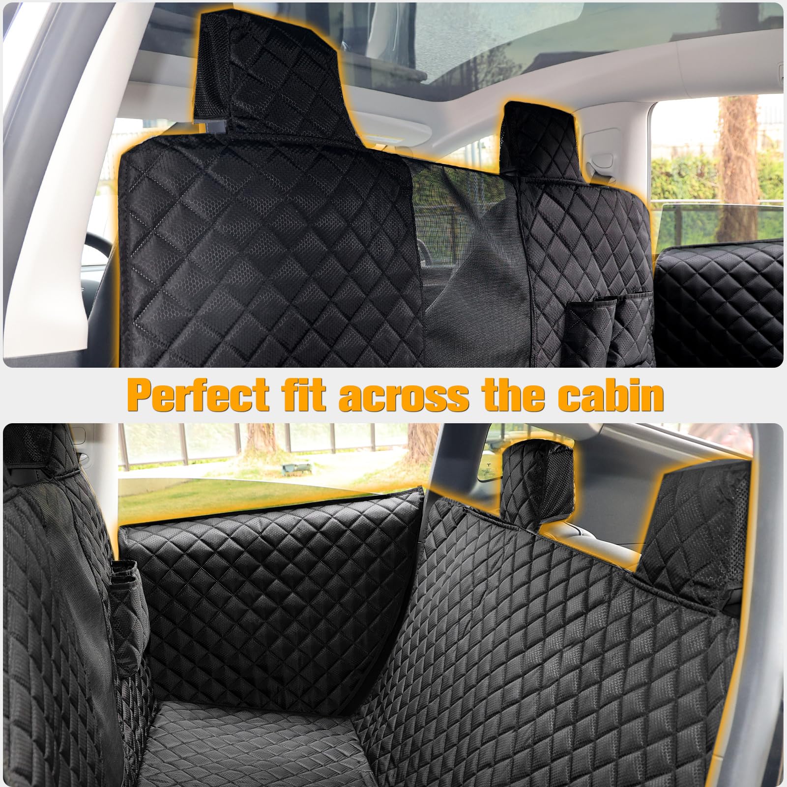 PETICON dog seat cover for Tesla Model 3 rear keeps upholstery clean during trips.