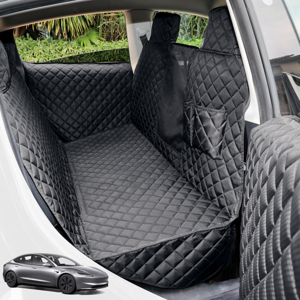 PETICON dog seat cover for Tesla Model Y rear protects against scratches and fur while traveling.