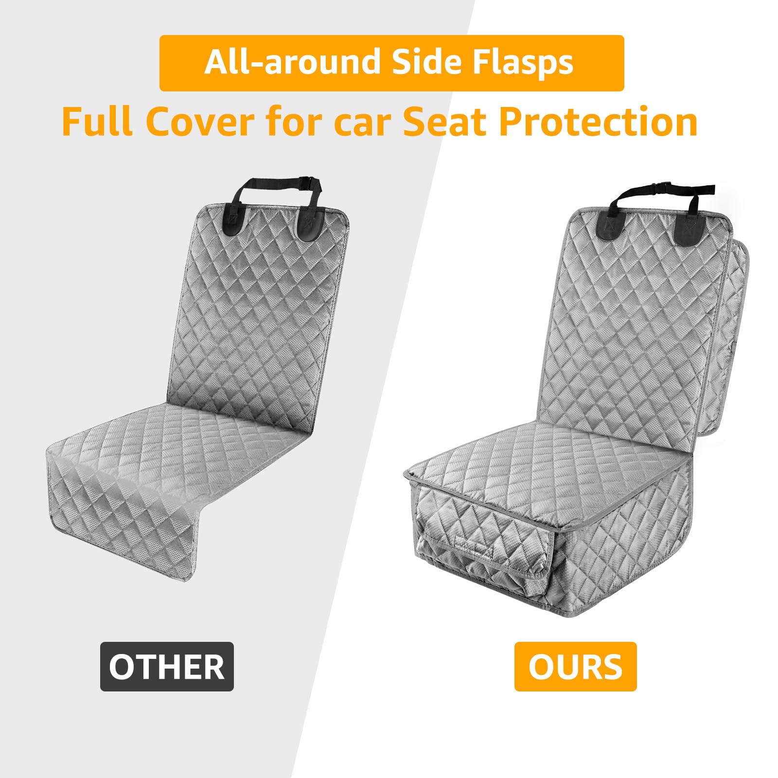 PETICON front seat cover pocket view highlights storage for leashes and toys.
