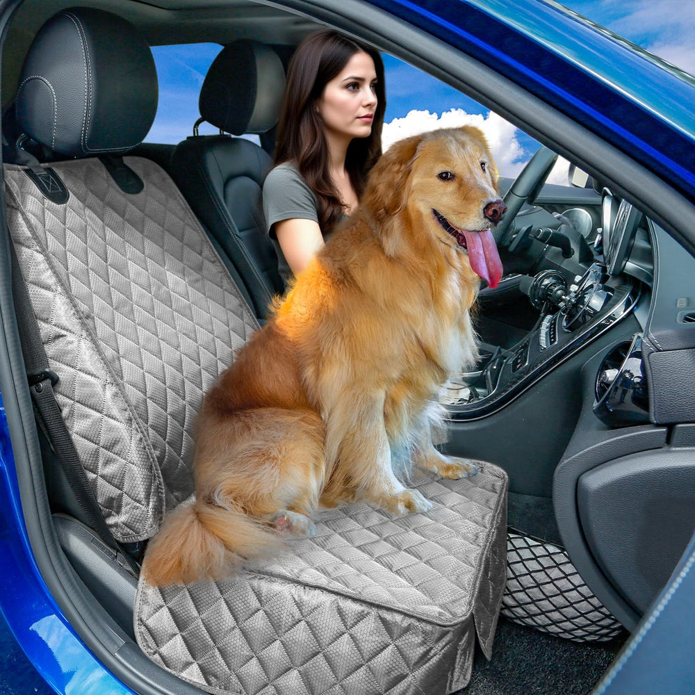PETICON front seat cover with side flaps shielding seat edges from scratches.