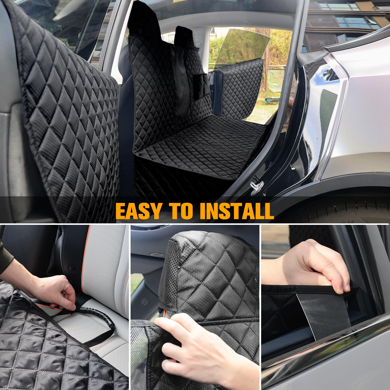 PETICON headrest protection integrates with Tesla interior for complete seat coverage.
