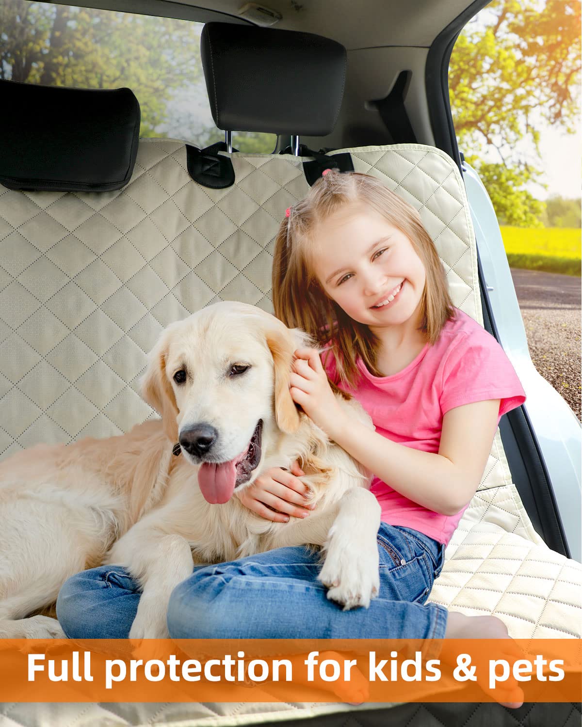 PETICON bench seat cover beige back seat installed, protects against scratches and fur