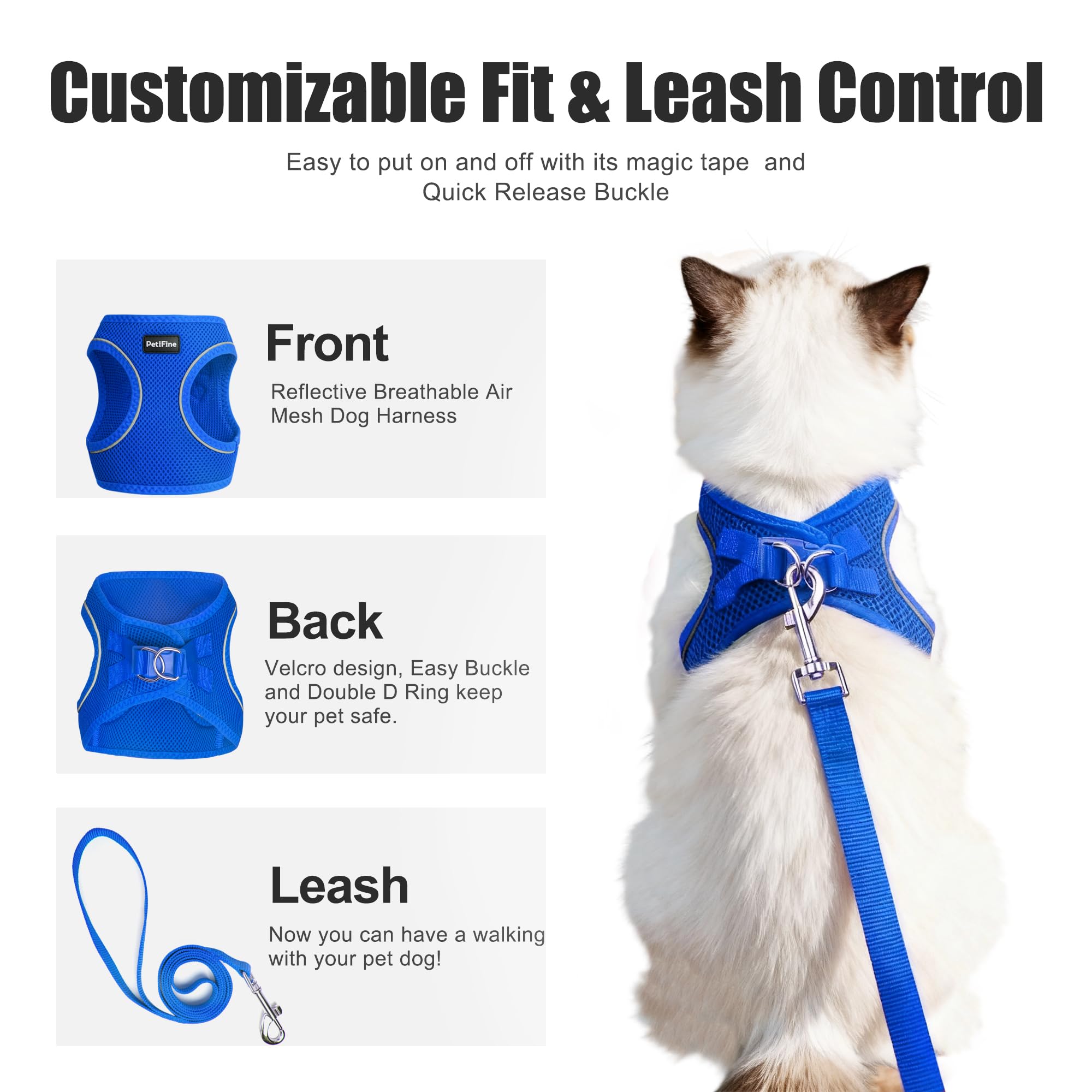 PetiFine cat harness with reflective trim side view for safer nighttime outings.