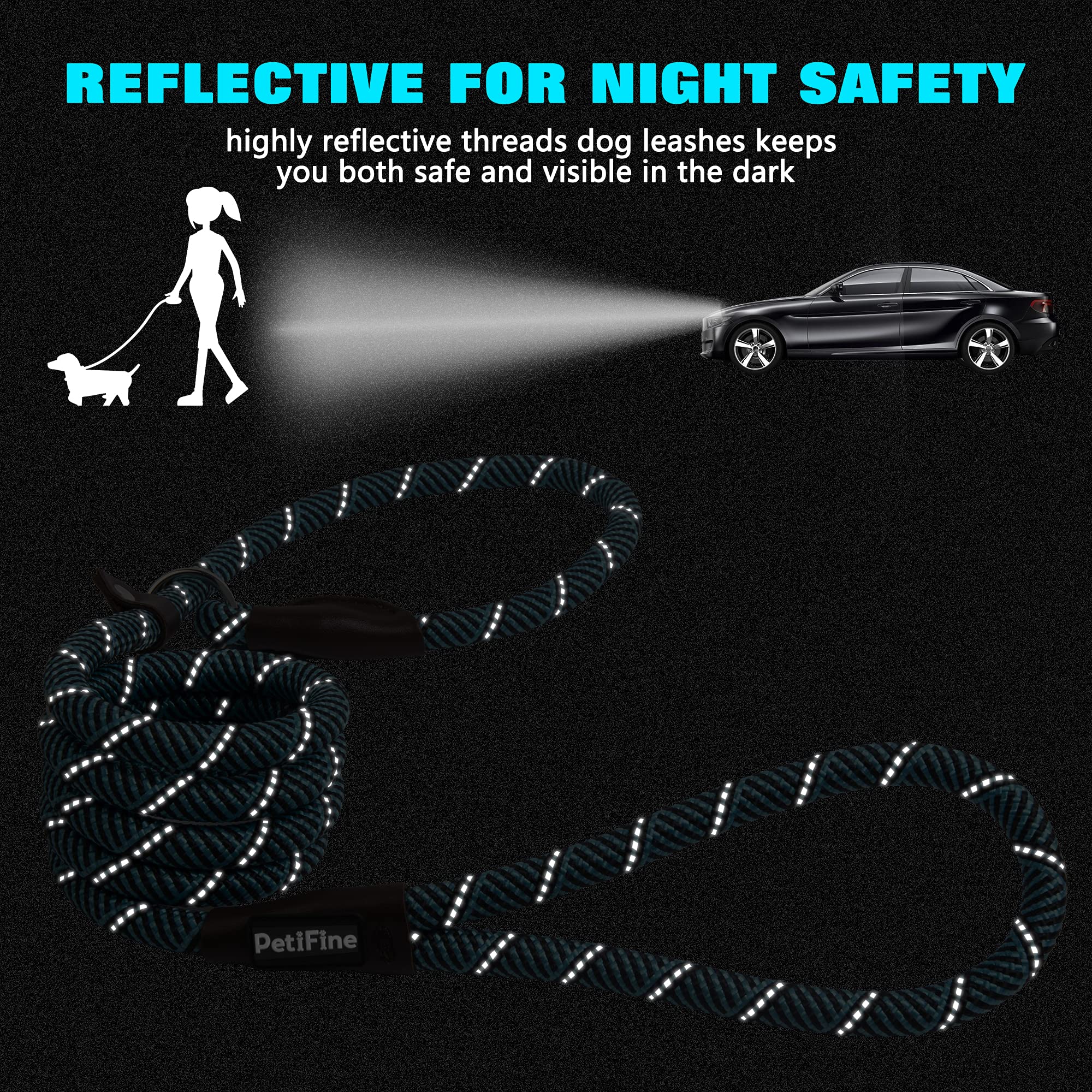 PetiFine slip lead blue reflective-threads boosts safety during dawn or dusk walks.
