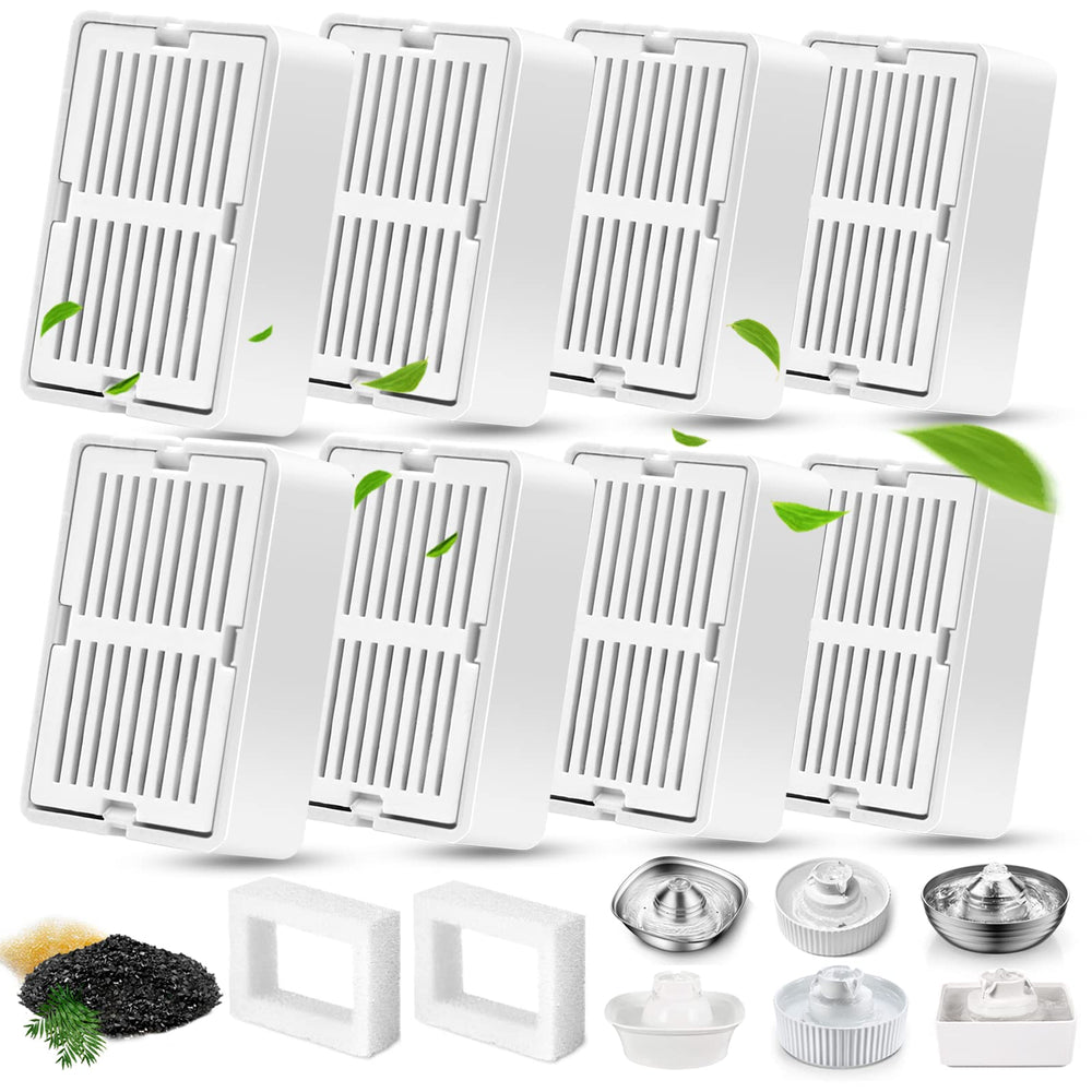 Petilog cat fountain filters package with eight carbon and two sponge filters.