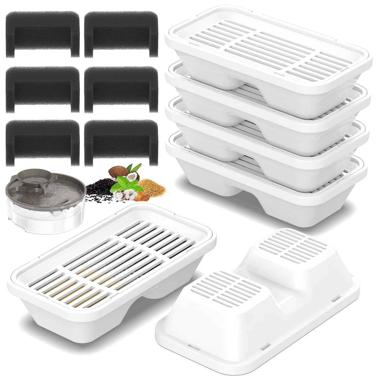 Petilog dog fountain filter packaging shows six filters and six sponges for fresh water.