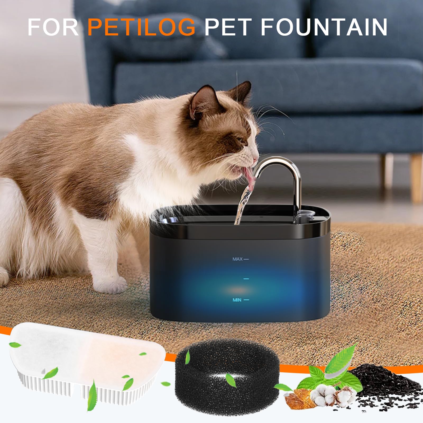 Petilog water dispenser setup shows ready-to-install filtration for pets.