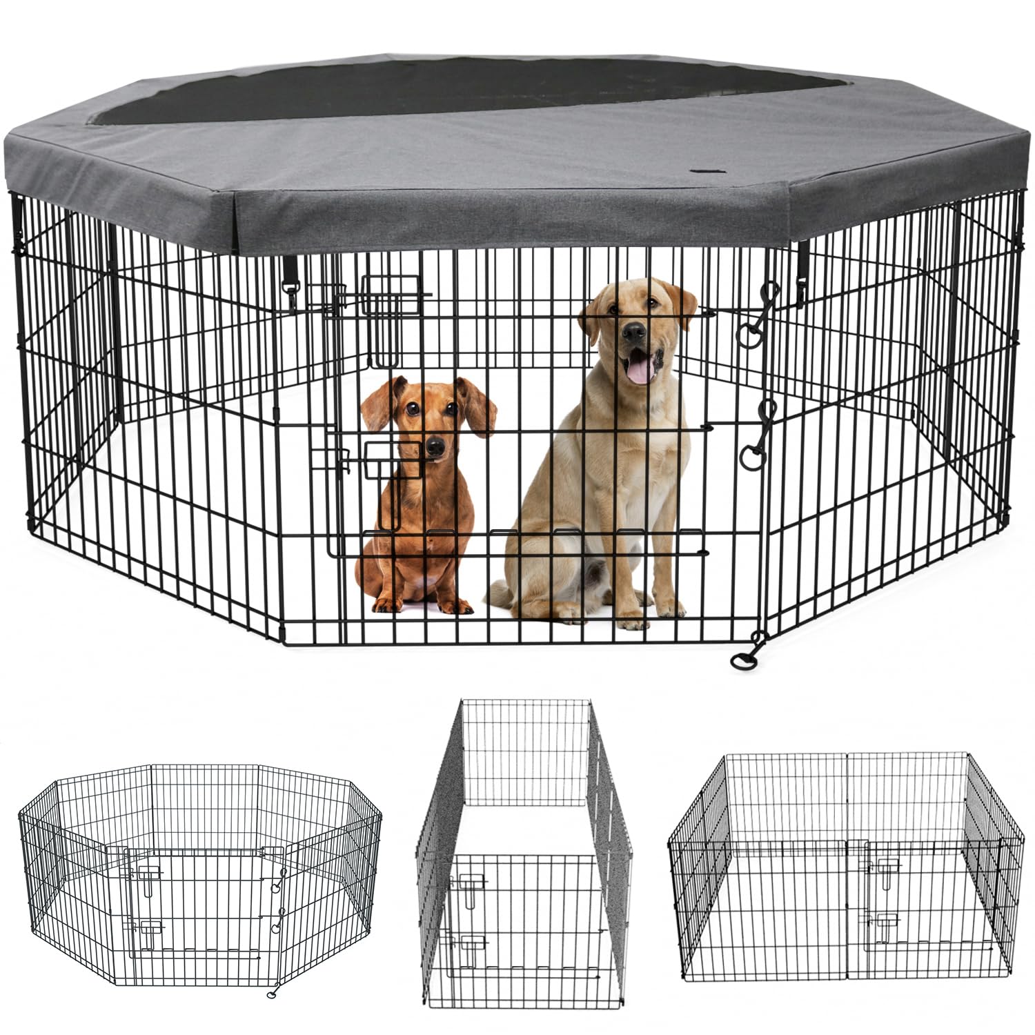 PETIME foldable dog pen with top cover for shaded outdoor use.