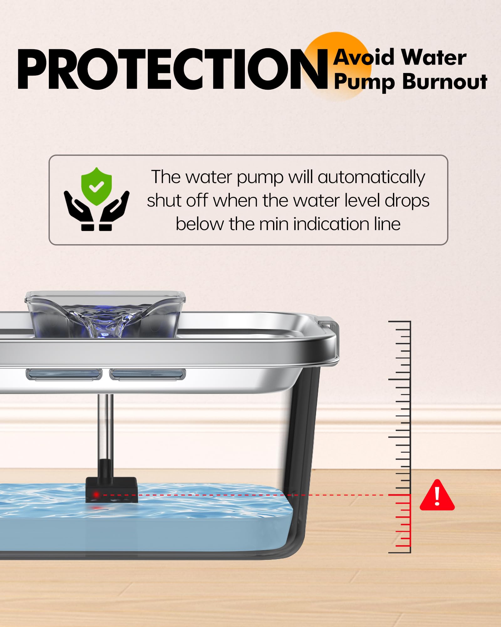 PETIMI circular water level window for easy refill monitoring.