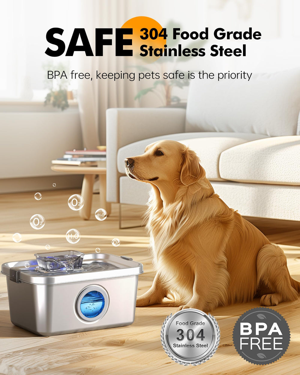 PETIMI stainless steel pet fountain close-up shows durable, safe material.