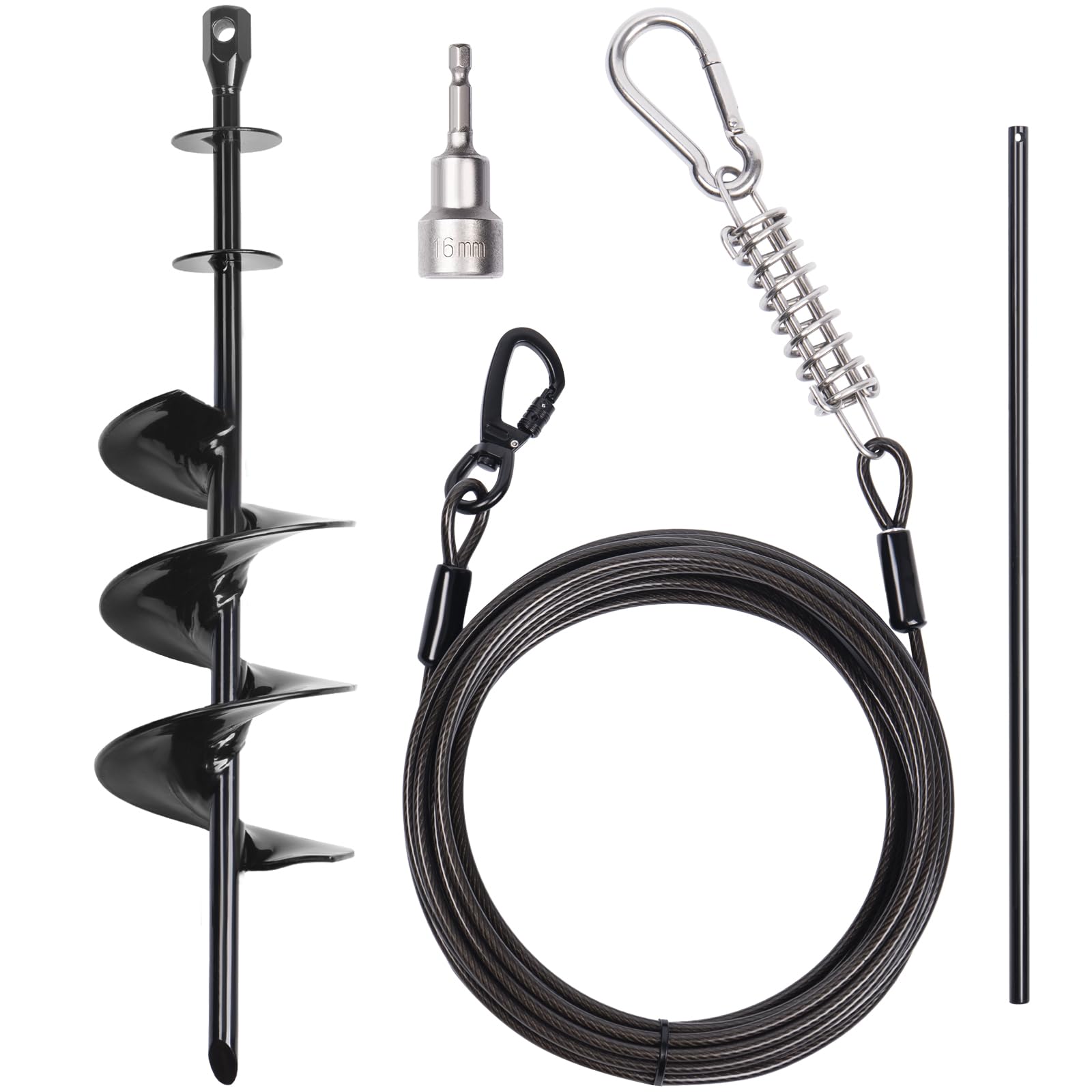 PETINBOX heavy-duty 30ft dog tie-out cable with stake for secure outdoor confinement.