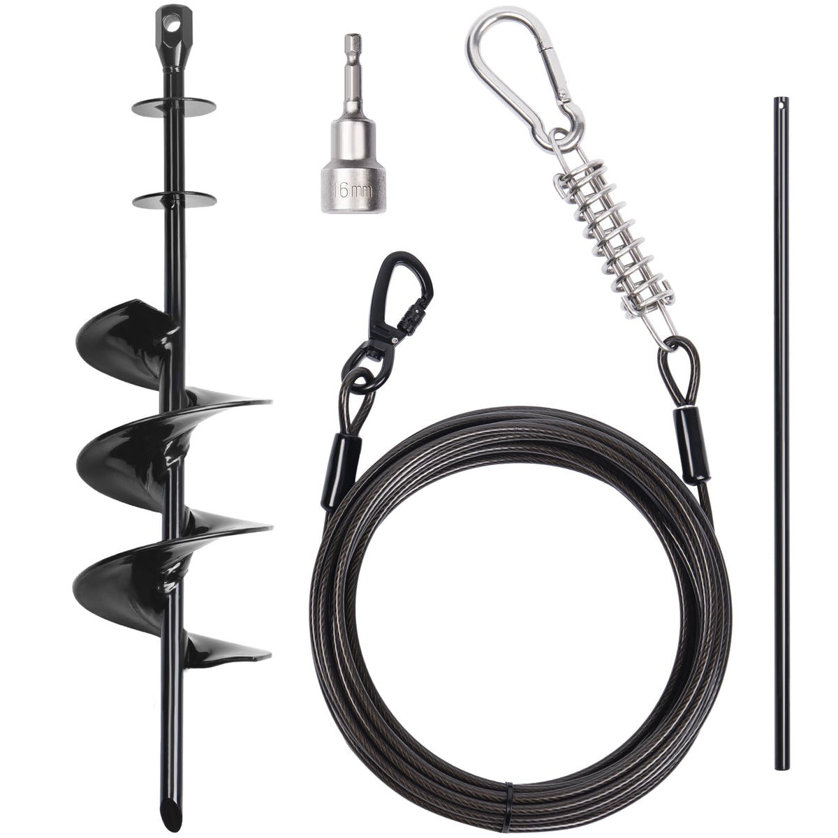 PETINBOX heavy-duty 30ft dog tie-out cable with stake for secure outdoor confinement.