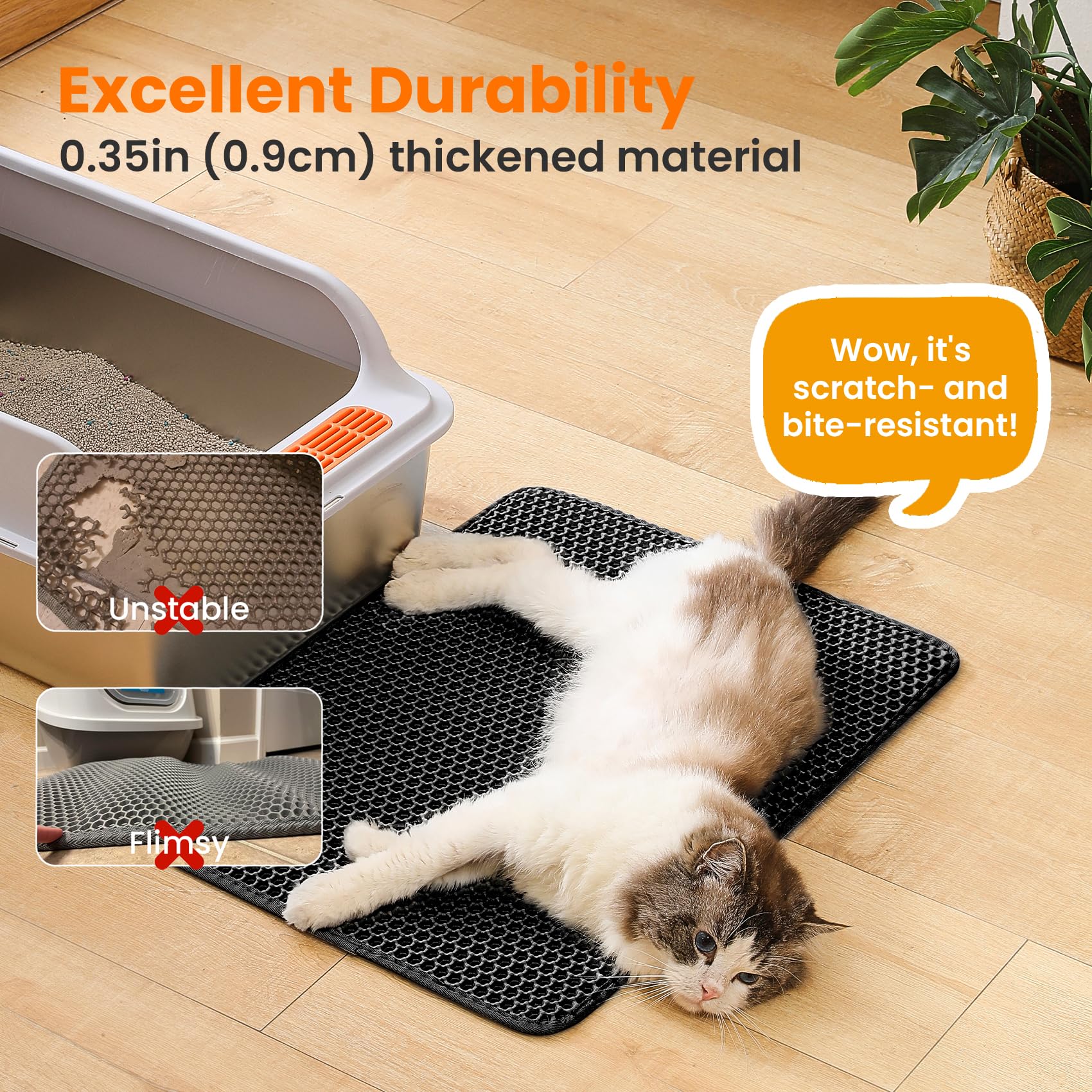 Petinstinct cat litter mat non-slip backing keeps mat in place.