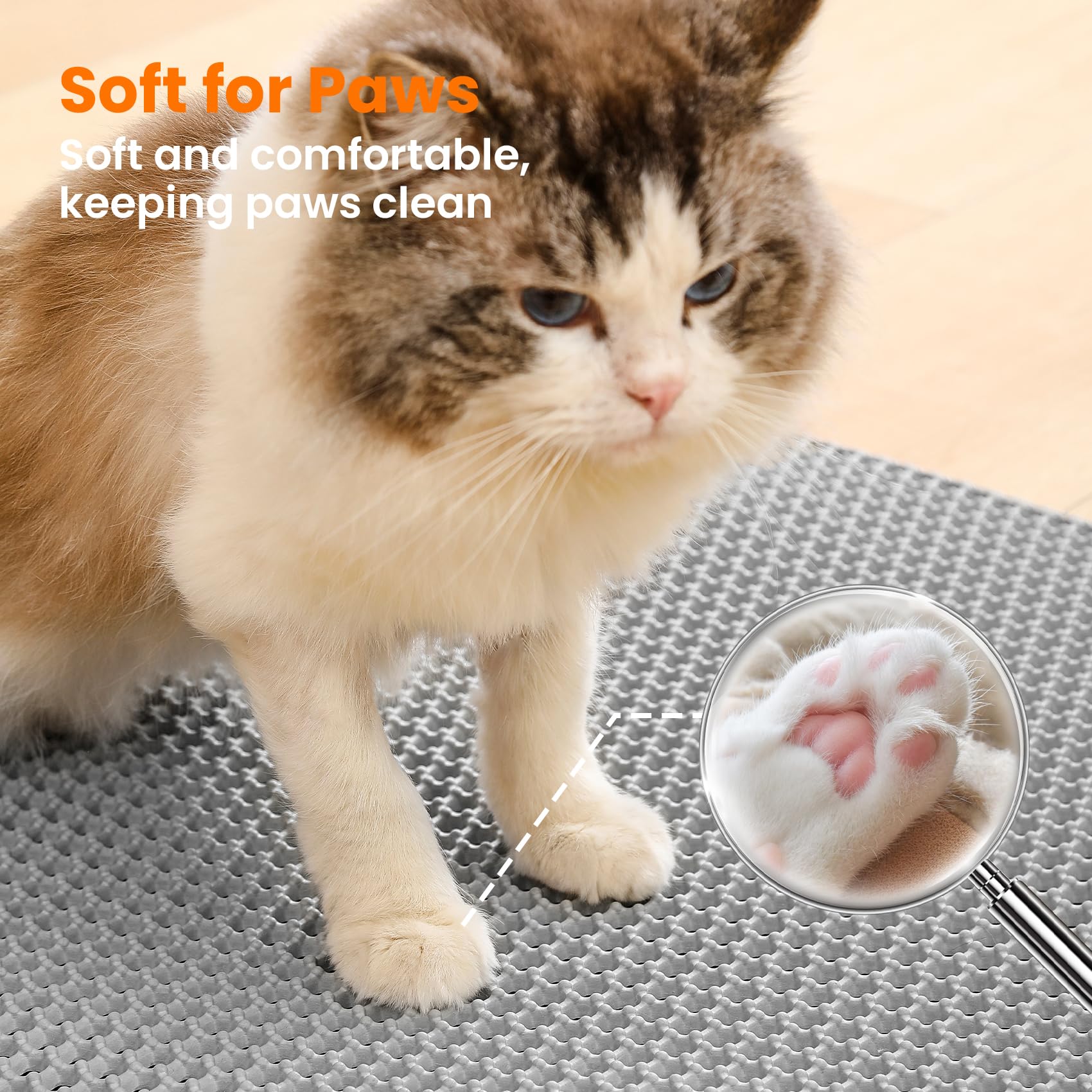 Petinstinct extralarge litter mat under litter box demonstrates coverage.