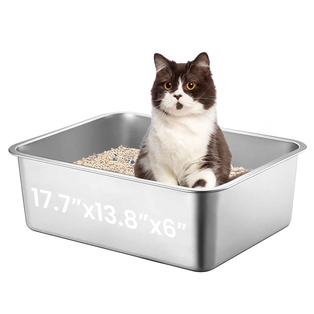 Petinstinct large stainless steel cat litter box top view highlighting spacious interior for digging