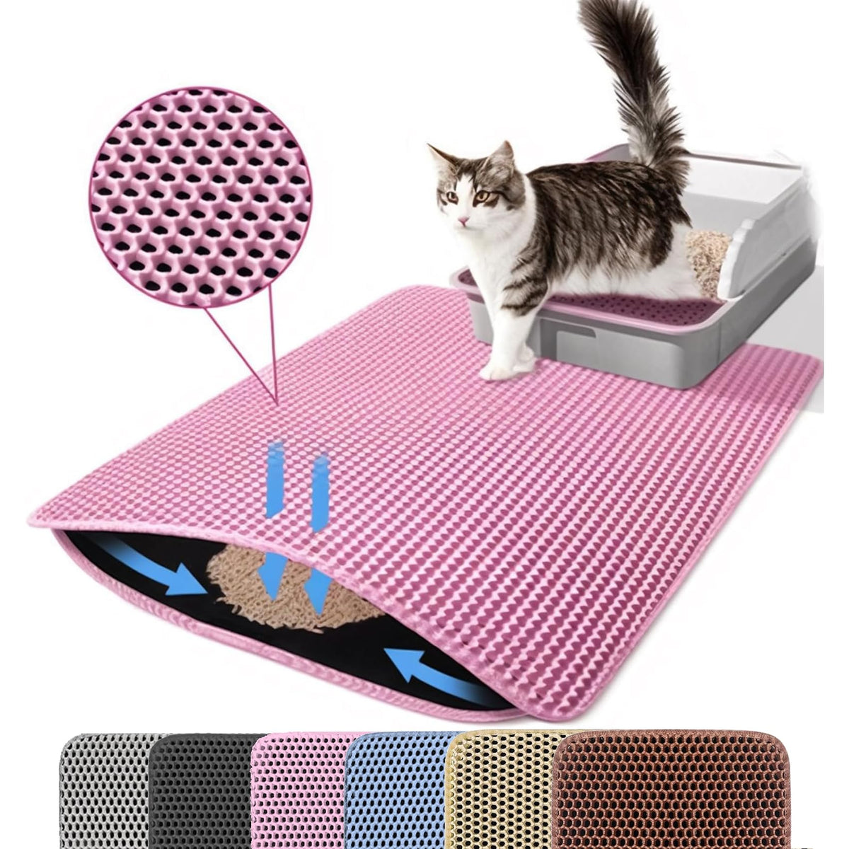 Petinstinct jumbo litter mat pink, top view showing XXL coverage to minimize tracking.