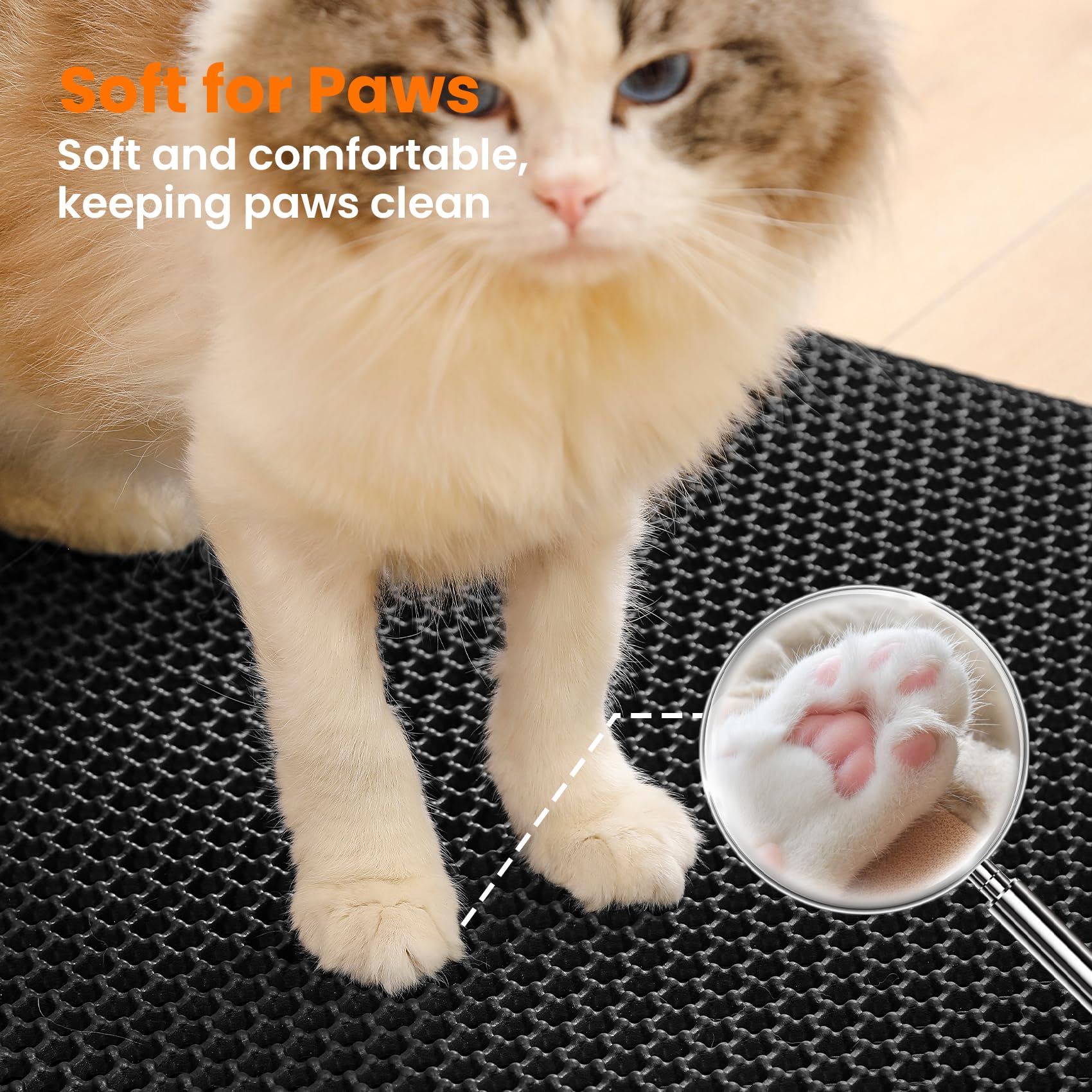 Petinstinct litter mat in use by litter box, easy cleanup after use.