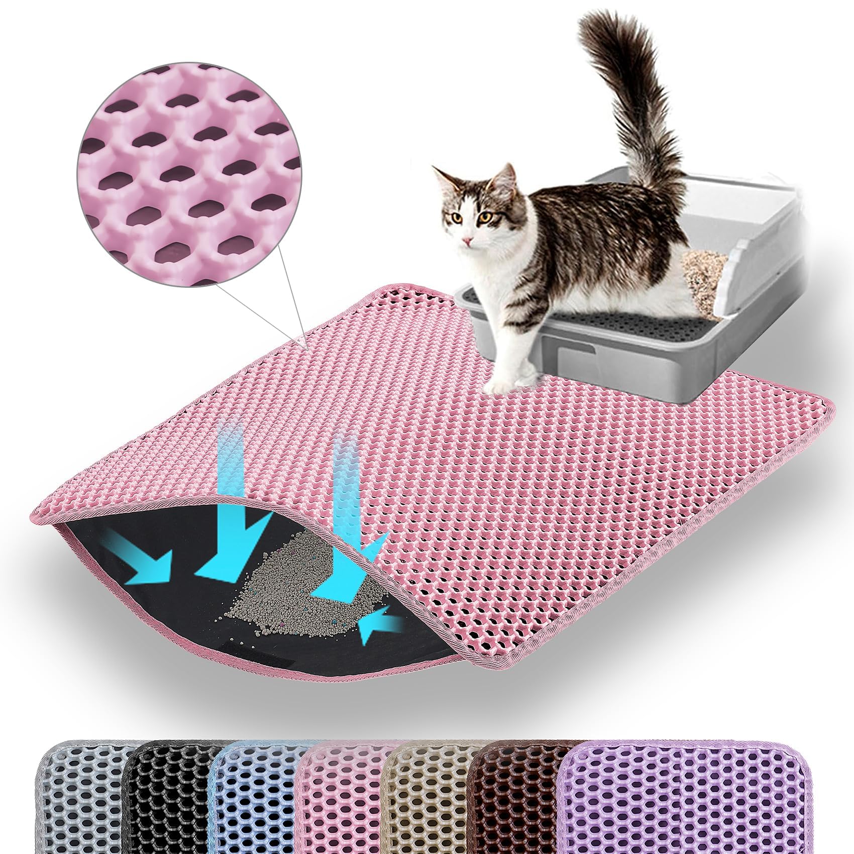Petinstinct small cat litter mat with double-layer honeycomb traps litter for easy cleanup.