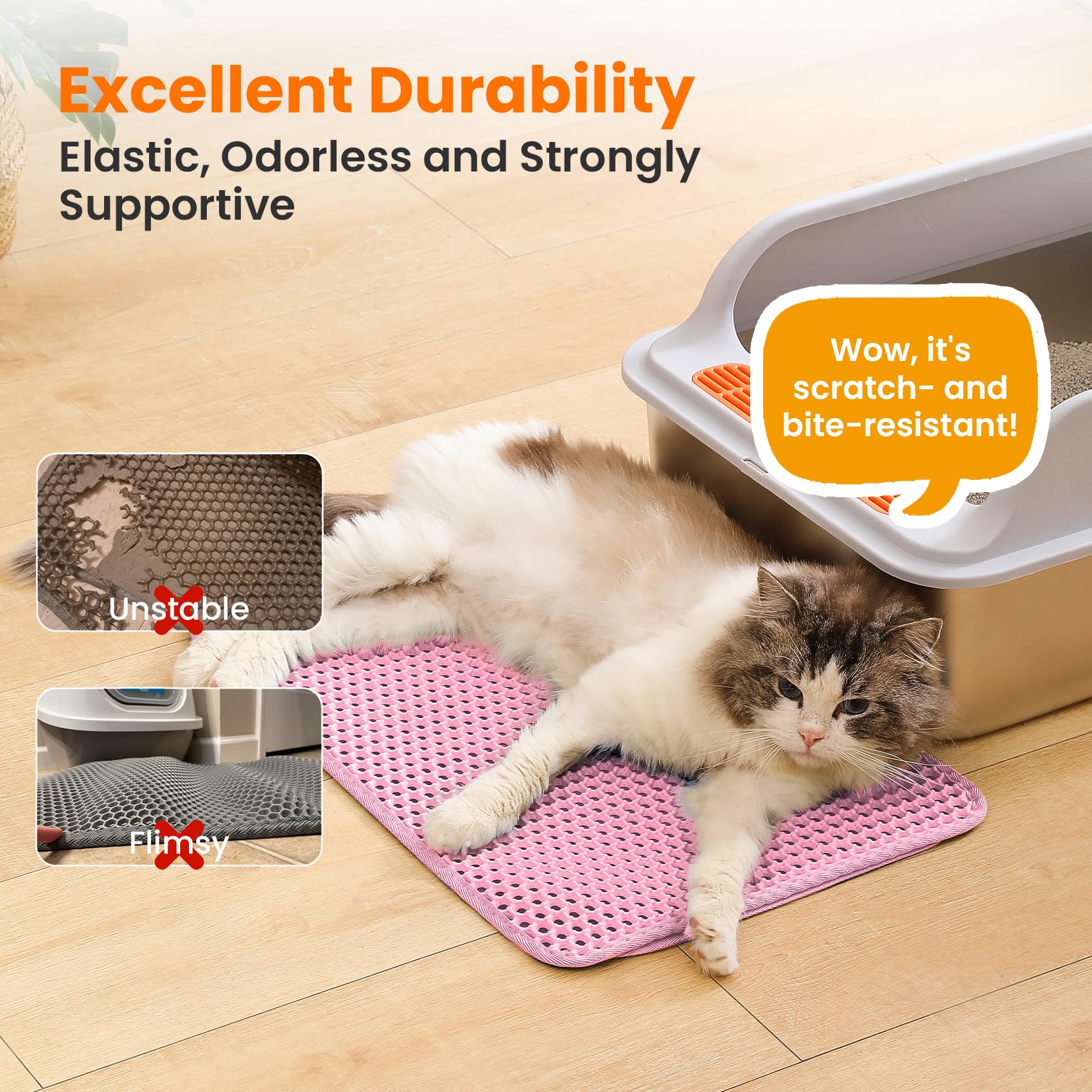 Petinstinct litter mat's urine-proof bottom protects floors from moisture.