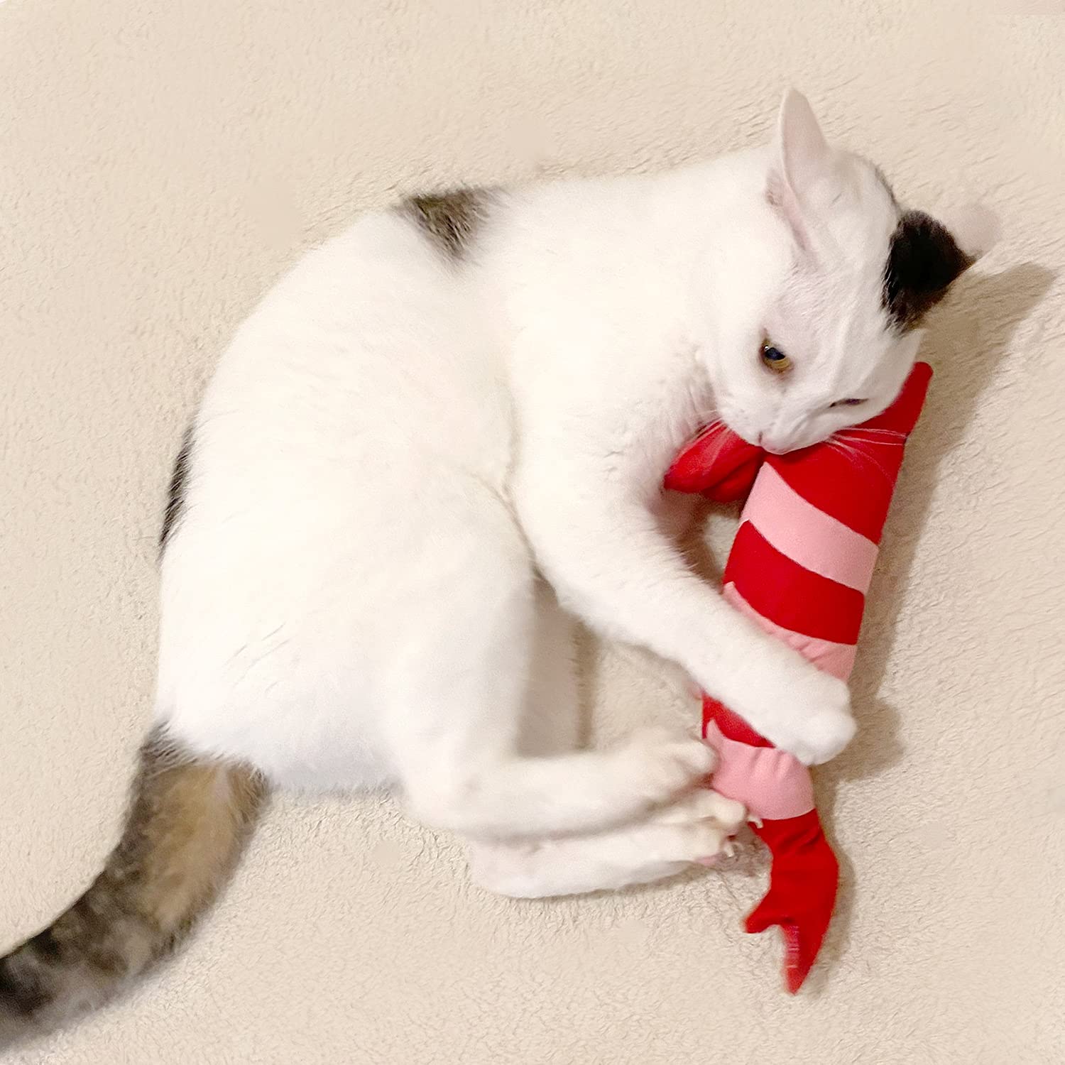 Petio Shrimp stuffed animal size 10x7x33 cm fits small to medium pets.