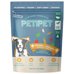Petipet Dog Allergy Relief Chews bottle top view for natural skin support.
