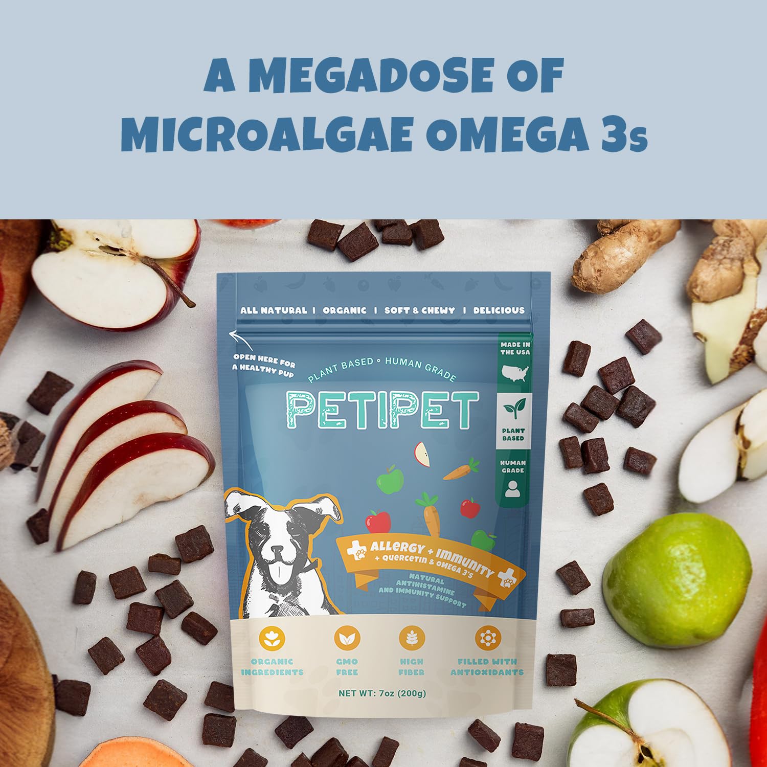 Petipet dog allergy chews ingredients label featuring quercetin and omega-3.