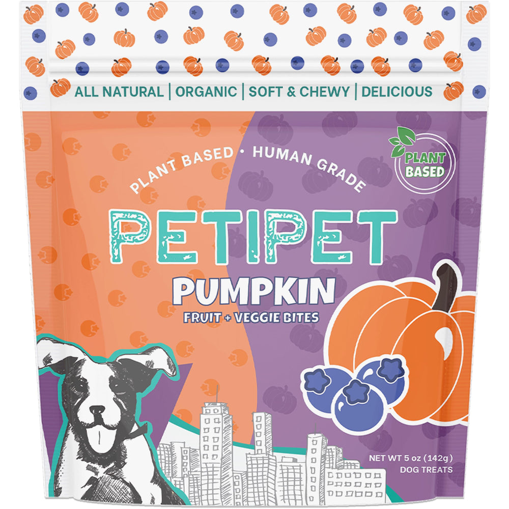 PETIPET pumpkin dog treats on a tray highlighting real fruit flavor for daily rewards