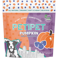 PETIPET pumpkin dog treats on a tray highlighting real fruit flavor for daily rewards