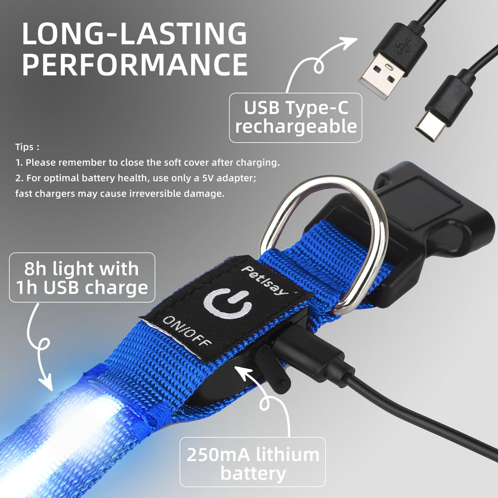 PetIsay adjustable glow collar blue fast-flash mode enhances nighttime safety.